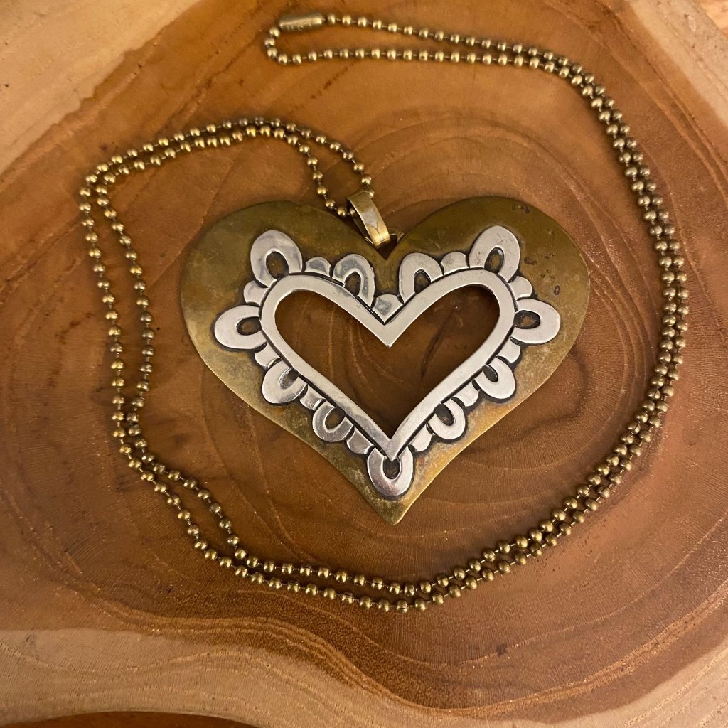 Retired Jeep Collins Brass And Silver Heart Necklace, 30"